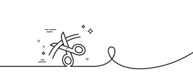 Makas çizgisi simgesi. Kıvrımlı tek bir çizgi. Kurdele kesme işareti. Terzi aletleri sembolü. Makas tek ana hatlı kurdele. Döngü eğrisi modeli. Vektör