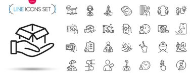 Bir paket indirim kuponu, Workflow ve Crowdfunding line simgeleri. İnsan kaynakları, beyin çalışmaları, el yıkama ikonları dahil. Aşk bileti, sesli mesaj gibi. Nakliye desteği. Vektör