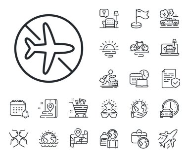 Uçak modu işareti. Uçak jeti, seyahat haritası ve bagaj teslim ikonları. Uçuş modu çizgi simgesi. Cihazı çevrimdışı yap. Uçuş modu işareti. Araba kiralama, taksi taşıma ikonu. Vektör