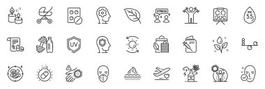 Aşı pasaportu olarak simgeler, Bebek arabası ve uygulamanın psikoloji çizgisi simgeleri arasında UV koruması, Güneş koruması, Biyolojik alışveriş ana hatları ince ikon web seti yer alıyor. Bitkiler sulanıyor, stres. Vektör