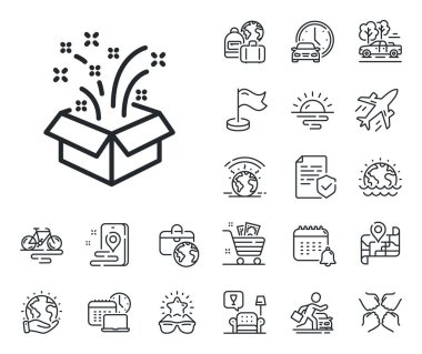 Noel ya da yeni yıl tabelası. Uçak jeti, seyahat haritası ve bagaj teslim ikonları. Hediye kutusu açık çizgi simgesi. Sürpriz sembolü. Hediye hattı işareti. Araba kiralama, taksi taşıma ikonu. Vektör