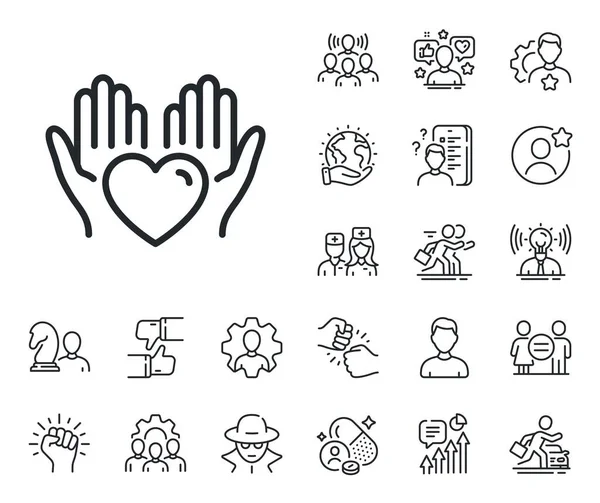 Care love emotion sign. Specialist, doctor and job competition outline icons. Hold heart line icon. Valentine day symbol. Hold heart line sign. Avatar placeholder, spy headshot icon. Vector