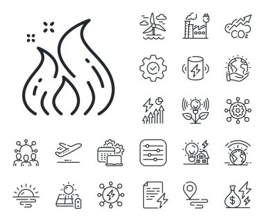 Alev işareti. Enerji, karbondioksit egzozu ve güneş paneli ikonları. Enerji hattı simgesini ateşle. Ekoloji sembolü. Enerji hattı işareti. Eko elektrik ya da rüzgar gücü ikonu. Yeşil gezegen. Vektör