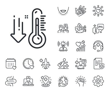 Sıcaklık tanılama işareti. Çevrimiçi doktor, hasta ve ilaç ikonları. Düşük termometre çizgisi simgesi. Ateş ölçme sembolü. Düşük termometre işareti. Vektör