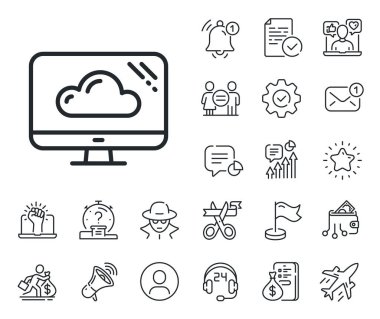 Bulut depolama servisi işareti. Maaşlı çalışan, cinsiyet eşitliği ve alarm çanı taslak simgeleri. Bilgisayar çizgisi simgesi. Monitör sembolü. Bulut depolama hattı işareti. Casus ya da profil tutucu simgesi. Vektör
