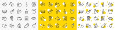 Outline Takeaway coffee, Beer and Scotch bottle line icons pack for web with Coffee beans, Glass, Ice cream line icon. Cooking water, Fitness water, Tea cup pictogram icon. Brazil nut. Vector clipart