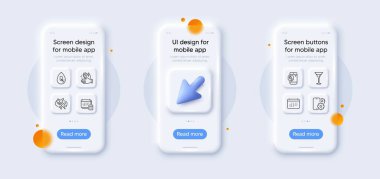 Martini bardağı, alkol ve hesap çizgisi simgeleri yok. İmleci olan 3D telefon motifleri. Cam akıllı telefon ekranı. El çırpma, telefon tamiri, Takvim web simgesi. Vektör