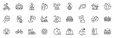 Uygulama için spor stadyumu, Zamanlayıcı ve Kazanan yıldız çizgisi simgeleri arasında Kazanan, Bot balıkçılığı, Yoga ana hatları ince ikon web seti yer alıyor. Arena stadyumu, eko bisiklet, spor arenası piktogramı. Vektör