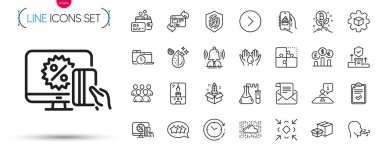 Zaman Yönetimi, Ürün Geliştirme ve Solunum Çizgisi simgeleri sürüsü. Güvenli suyu, minimize etmeyi, kimya laboratuarının resimli resimlerini içerir. Zaman değişimi, Röportaj, Güvenlik Birimi işaretleri. Vektör