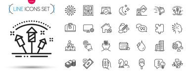 El bagajları, Satranç ve Bulmaca çizgisi simgeleri. İmleç, Dondurma, Havai fişek roket ikonları dahil. Alıntı balonu, reddedilen ödeme, kapı işaretleri. Lamba, takım çalışması, gökdelen binaları. Vektör