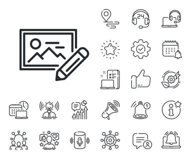 Kalem işaretli küçük resim. Konum, teknoloji ve akıllı hoparlörler ikonları yerleştirin. Fotoğraf satırı simgesini düzenle. Resim tutucu sembolü. Fotoğraf düzenleme satırı işareti. Vektör
