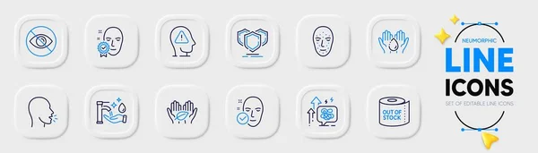 Health skin, Shields and Fair trade line icons for web app. Pack of Wash hands, Washing hands, Cough pictogram icons. Face biometrics, Mental health, Toilet paper signs. Stress grows. Vector