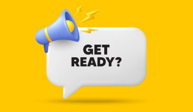 Etiketi hazırla. Megafonlu 3D konuşma balonu afişi. Özel teklif işareti. Reklam indirimleri sembolü. Sohbet mesajını hazırlayın. 3D konuşma kutusu sunar. Vektör