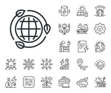 Yeşil dünya işareti. Enerji, karbondioksit egzozu ve güneş paneli ikonları. Eko enerji hattı simgesi. Ekoloji güç sembolü. Çevre enerji hattı işareti. Eko elektrik ya da rüzgar gücü ikonu. Yeşil gezegen. Vektör