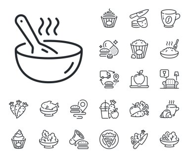 Kaşık işaretli sıcak kase. Krep, patlamış mısır ve salata taslak ikonları. Yemek çizgisi simgesi. Yemek sembolü. Yemek borusu işareti. Makarna, taze meyve suyu ikonu. Tedarik zinciri. Vektör