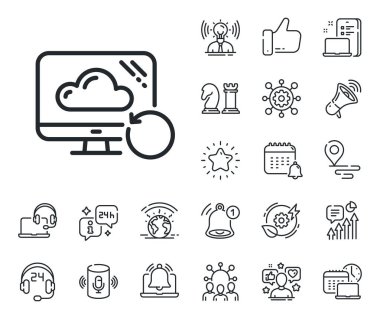 Yedek veri işareti. Konum, teknoloji ve akıllı hoparlörler ikonları yerleştirin. Bulut çizgi simgesini geri kazan. Bilgi sembolünü geri yükle. Toparlanma çizgisi işareti. Etkileyici, marka büyükelçisi ikonu. Vektör