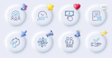 Time schedule, Qr code and Survey line icons. Buttons with 3d bell, chat speech, cursor. Pack of Timer, Teamwork, Versatile icon. Dermatologically tested, Payment click pictogram. Vector clipart