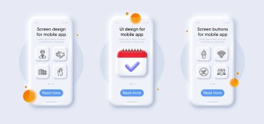 Marka elçisi, binalar ve 5G kablosuz ağ ikonları paketi. Takvimli 3D telefon modelleri. Cam akıllı telefon ekranı. Dondurma, iş adamı, Startup web simgesi. Vektör