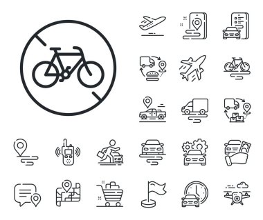 Şehir bisiklet taşımacılığına izin verilmiyor. Uçak, tedarik zinciri ve konum belirleme simgeleri. Bisiklet yasaklı hat simgesi. Velocipede Yasak Sembol. Bisiklet yasaklı çizgi işareti. Vektör