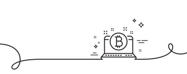 Bitcoin çizgisi simgesi. Kıvrımlı tek bir çizgi. Şifreli para işareti. Şifreli dizüstü bilgisayar sembolü. Bitcoin tek ana hatlı kurdele. Döngü eğrisi modeli. Vektör