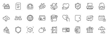 Ödeme yöntemleri olarak simgeler paketlenir, uygulama için Felaket ve Bulmaca satırı simgeleri arasında Gönüllü, Yüz Tanıma, 24 saat hizmet özeti ince simge web seti yer alır. Uçuş modu, aksesuar alma, dolandırıcılık. Vektör