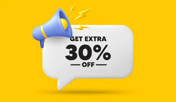 stock vector Get Extra 30 percent off Sale. 3d speech bubble banner with megaphone. Discount offer price sign. Special offer symbol. Save 30 percentages. Extra discount chat speech message. Vector