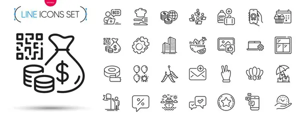 Pack Food Balloon Dart Approve Line Icons Include Settings Gears — Stock Vector