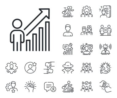 İş büyümesi istatistikleri imzası. Uzman, doktor ve iş yarışması ikonları. Çalışan sonuç çizgisi simgesi. İnsan kaynakları sembolü. Çalışanların sonuç tabelaları. Vektör