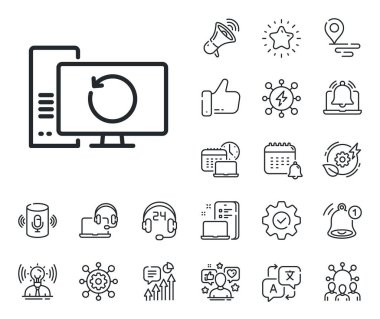 Yedek veri işareti. Konum, teknoloji ve akıllı hoparlörler ikonları yerleştirin. Bilgisayar hattı simgesini geri kazan. Bilgi sembolünü geri yükle. Bilgisayar hattını kurtarma işareti. Vektör
