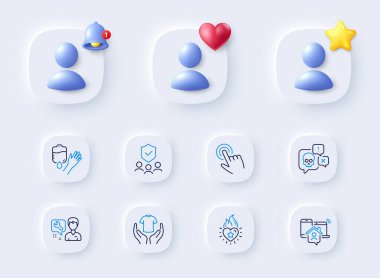 Kalp alevi, iş evi ve imleç çizgisi simgeleri. 3D zilli, yıldızlı, kalpli bir yer tutucu. Kan paketi, siber saldırı, tişört ikonu. Güvenlik Ajansı, tamirci resimli togram. Web uygulaması için, yazdırma. Vektör