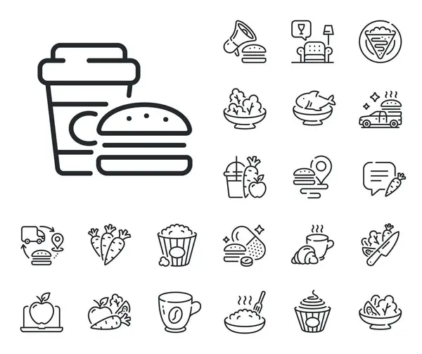 Burger Avec Pancarte Crêpe Pop Corn Doux Salade Contour Icônes — Image vectorielle