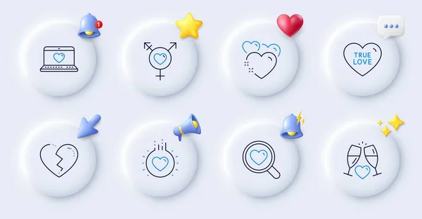 破碎的心 心和爱的线图标 带着3D铃铛的钮扣 聊天语言 包装真爱 婚礼眼镜 Genders图标 对于网络应用 — 图库矢量图片