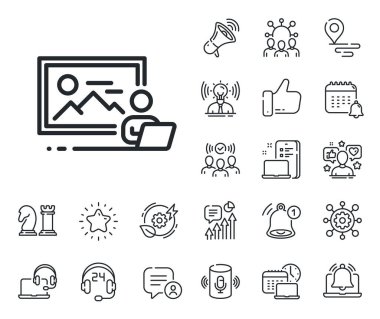 Fotoğraf tabelası. Konum, teknoloji ve akıllı hoparlörler ikonları yerleştirin. Fotoğraf stüdyosu çizgisi simgesi. Resim tutucu sembolü. Fotoğraf stüdyosu çizgisi işareti. Vektör