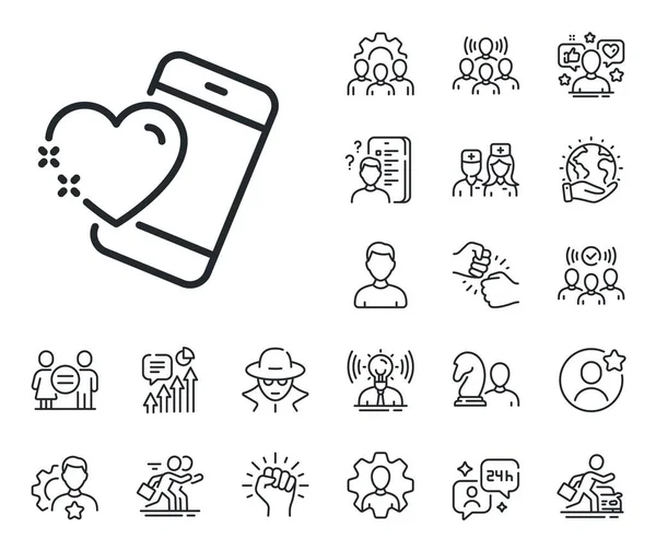 Love emotion sign. Specialist, doctor and job competition outline icons. Heart with phone line icon. Valentine day symbol. Heart line sign. Avatar placeholder, spy headshot icon. Strike leader. Vector
