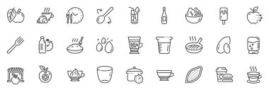 Su soğutucusu olarak ikonlar, uygulama için Frappe ve Croissant line simgeleri arasında Fast food, Dry cappuccino, şampanya ince ikon web seti yer alıyor. Elma, bardak, salata resmi. Spor suyu. Vektör