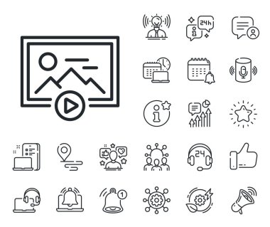 Fotoğraf resmi küçük resim işareti. Konum, teknoloji ve akıllı hoparlörler ikonları yerleştirin. Sunum satırı simgesini başlat. Resim tutucu sembolü. Sunum satırı işaretini başlat Vektör