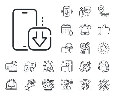 Akıllı telefon uygulaması işareti. Konum, teknoloji ve akıllı hoparlörler ikonları yerleştirin. Telefon indirme hattı simgesi. Cep telefonu mobil cihaz sembolü. Telefon indirme işareti. Vektör