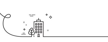 Gökdelen binaları çizgi ikonu. Kıvrımlı tek bir çizgi. Ağaç işaretiyle şehir mimarisi. Kasaba sembolü Gökdelen binaları tek şeritli. Döngü eğrisi modeli. Vektör