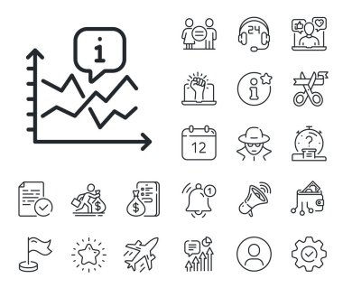 Grafik işareti yükseldi. Maaşlı çalışan, cinsiyet eşitliği ve alarm çanı taslak simgeleri. Büyüme çizelgesi simgesi. Veri bilgi sembolü. Çizelge çizgisi işareti. Casus ya da profil tutucu simgesi. Vektör