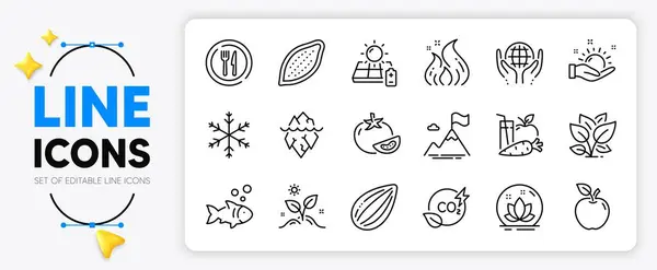 Grow Plant Apple Fish Line Icons Set App Include Mountain — Stock Vector