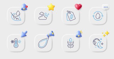 Rüzgârlı hava, termometre ve Yaprak çiğ çizgisi simgeleri. 3D zilli düğmeler, sohbet konuşması, imleç. Bir paket glütensiz uyku, bal kabağı tohumu ikonu. Biyolojik etiketler, soğuk baskılı yağ piktogramı. Vektör