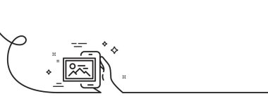 Resim albüm satırı simgesi. Kıvrımlı tek bir çizgi. Telefon işareti. Akıllı telefon resim galerisi sembolü. Resim albümü tekli taslak kurdelesi. Döngü eğrisi modeli. Vektör