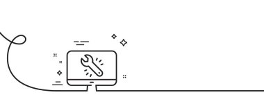 Anahtar araç çizgisi simgesi. Kıvrımlı tek bir çizgi. Monitör ya da bilgisayar tamir tabelası. Enstrüman sembolünü düzelt. Monitörde tek bir taslak şerit onarın. Döngü eğrisi modeli. Vektör