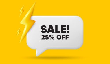 % 25 indirimli. Güç enerjili 3D konuşma balonu pankartı. Promosyon fiyatı tabelası. Satış rozeti sembolü. Sohbet konuşması mesajı. 3D konuşma kutusu sunar. Vektör