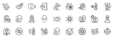 Bakmayan simgeler, uygulamalar için vitamin a ve stop koronavirüs çizgisi simgeleri arasında Sağlık Gözü, Kirli Maske, İnce stres simgesi web seti yer alıyor. Tıbbi uçuş. Vektör