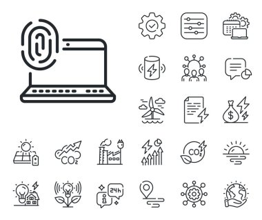 Parmak izi taraması işareti. Enerji, karbondioksit egzozu ve güneş paneli ikonları. Bilgisayar parmak izi çizgisi simgesi. Biyometrik kimlik sembolü. Bilgisayar parmak izi işareti. Vektör