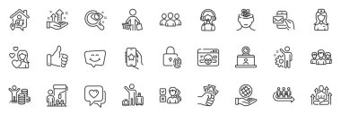 Hastane hemşiresi olarak simgeler, uygulamanın Destek ve Endişe çizgi simgeleri arasında Güvenli Gezegen, Video konferansı, Alıcı ana hatları ince simge web seti yer alıyor. Kalp, kurye postaları, siber saldırı resimleri. Vektör