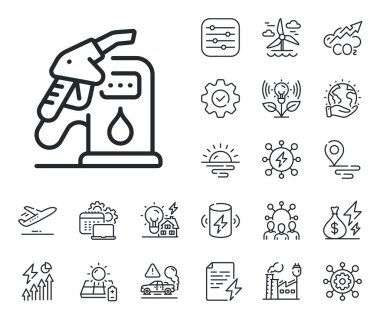 İstasyon tabelası. Enerji, karbondioksit egzozu ve güneş paneli ikonları. Benzin istasyonu ikonu. Dizel yakıt sembolü. Benzin istasyonu tabelası. Eko elektrik ya da rüzgar gücü ikonu. Yeşil gezegen. Vektör