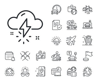 Bulut işaretli şimşek. Uçak jeti, seyahat haritası ve bagaj teslim ikonları. Fırtına hava durumu ikonu. Kötü gün sembolü. Fırtınalı hava çizgisi işareti. Vektör