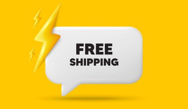 Bedava nakliye etiketi. Güç enerjili 3D konuşma balonu pankartı. Teslimatta tabela vardı. Özel teklif sembolü. Ücretsiz sevkiyat sohbet mesajı. 3D konuşma kutusu sunar. Vektör